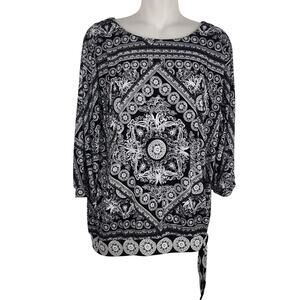 Chico's Womens Blouse Black White Medallion Printed Side Tie 3/4 Dolman Sleeve M